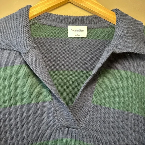 Sunday Best Fine Knit V-Neck Polo Sweater, Navy & Green Stripe, Preppy, Academia - Picture 4 of 7